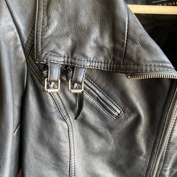 AllSaints black leather jacket. Fully lined, front zip, buckle and snap details. - Picture 7 of 11